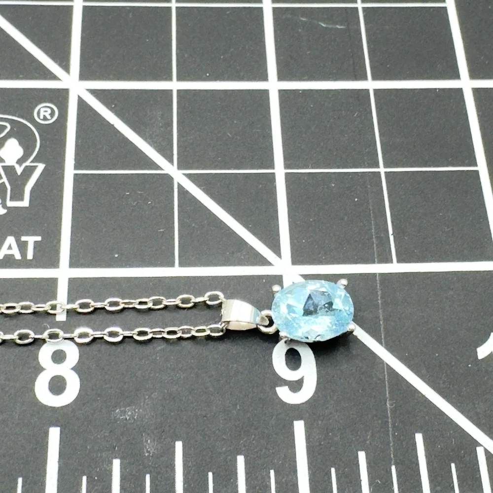 Sterling Silver Blue Topaz Pendant Necklace Feminine Dainty Plated Brass Chain - Picture 8 of 9